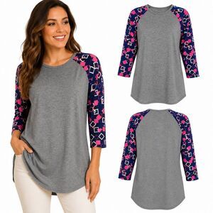 LuLaRoe Women’s XL Randy Raglan Tunic Top Gray Pink Navy Geometric Sleeves